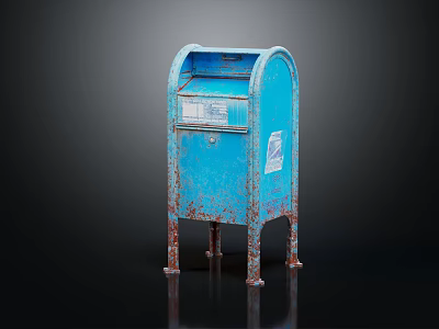 Blue Vintage Mailbox With Rusty Metal Body And Classic Standing Design 3d model