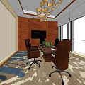 Meeting Room With Wooden Walls Large Windows Conference Table Black Chairs Chandelier And Green Plants