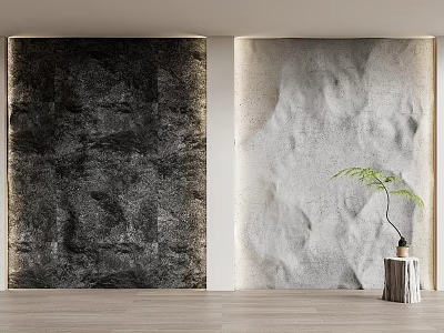 Two Tone Background Wall Design With Dark Textured And Light Stone Panels And Decorative Plant 3d model