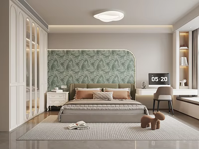 Modern Minimalist Bedroom Interior With Green Leaf Pattern Wallpaper Bedside Table And Soft Rug 3d model
