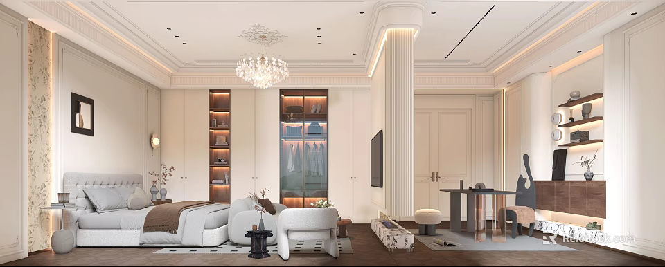 Elegant Bedroom Interior Design With Crystal Chandelier Built in Wardrobe Bed And Ottoman 3d model 