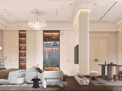 Elegant Bedroom Interior Design With Crystal Chandelier Built in Wardrobe Bed And Ottoman 3d model