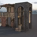 Outdoor Medieval Camp Setting With Striped Tent Wooden Barrels Stone Wall And Tables