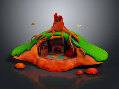 Cartoon Tree House Scene With Orange Trunk Green Leaves Butterflies And Mushrooms 3d model