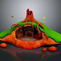 Cartoon Tree House Scene With Orange Trunk Green Leaves Butterflies And Mushrooms