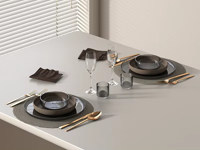 Modern Dinnerware Set With Ceramic Plates Metallic Cutlery Wine Glasses And Cloth Napkins 3d model