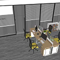Modern Office Desk Setup With Computers Chairs And Bookcases In Workspace