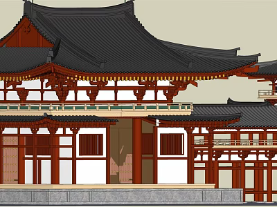 Ancient Architecture With Traditional Wooden Eaves Red Pillars And Black Tile Roof 3d model