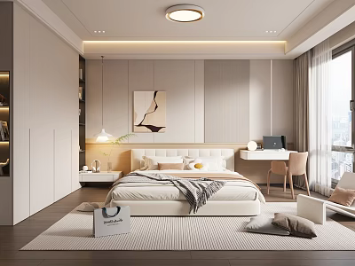 Modern Minimalist Bedroom With Large Bed Desk Chair Artwork And Natural Light 3d model