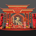 Traditional Chinese Photo Check In Spot With Red Lanterns Golden Horse Motif And Eaves