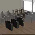 Multiple Silver and Black Turnstiles In Indoor Public Facility With Wooden Floor And Windows