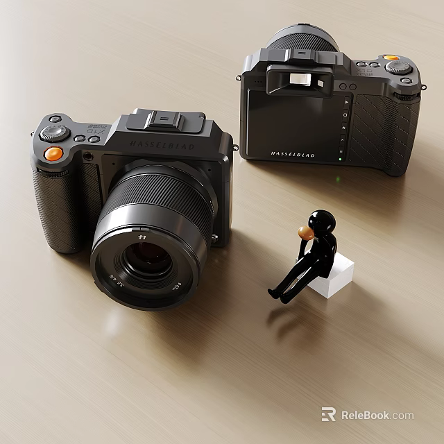 Fujifilm Digital Cameras Front And Back Views With Miniature Figure On White Block 3d model 