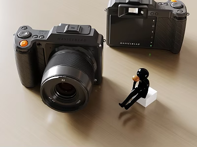 Fujifilm Digital Cameras Front And Back Views With Miniature Figure On White Block 3d model