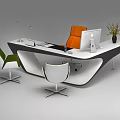 Sleek Modern Office Desk With Computer Monitor Desk Lamp Potted Plant And Chairs