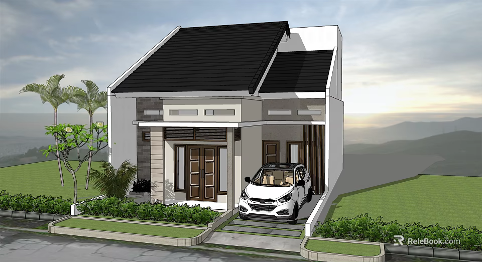 Detached House Exterior With Black Roof White Car And Green Lawn 3d model 