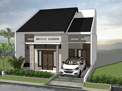 Detached House Exterior With Black Roof White Car And Green Lawn 3d model