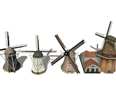 Windmill Architectural Components With Various Traditional Designs And Wooden Structures 3d model