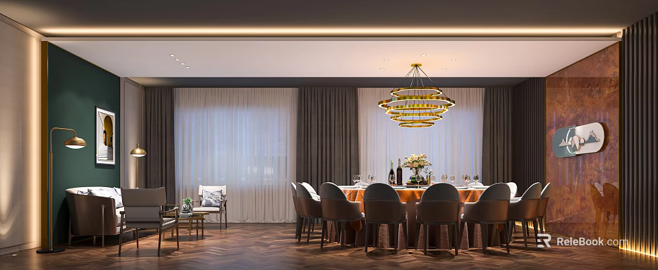 Luxurious Private Box Interior With Round Dining Table Chandelier And Gray Curtains 3d model