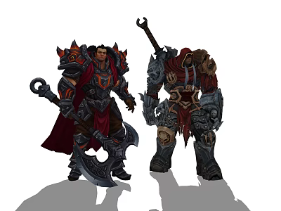 Two Game Movie Characters In Armor With Axe Mace And Red Cloak 3d model