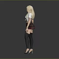 A Blonde Woman In White Shirt And Plaid Skirt With Black Stockings And High Heels
