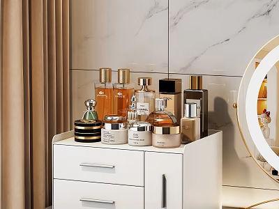 Vanity Storage Shelf With Perfume Bottles And Skincare Containers On Marble Wall 3d model
