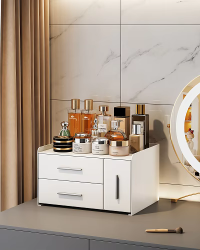 Vanity Storage Shelf With Perfume Bottles And Skincare Containers On Marble Wall 3d model