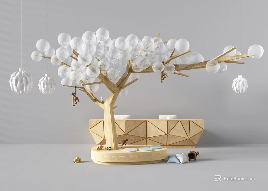 Geometric Reception Desk Underneath Decorative Tree With Transparent Spherical Decorations 3d model 