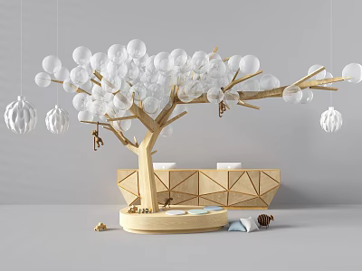 Geometric Reception Desk Underneath Decorative Tree With Transparent Spherical Decorations 3d model