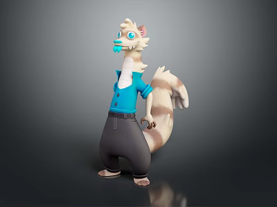 Cartoon Creature Character With Blue Shirt Gray Pants Blue Eyes Light Fur And Long Tail 3d model
