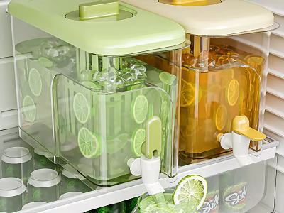 Decorative Storage Container Set Transparent Green Beige Lids Lemon Slices Dispenser Taps Kitchen Shelf 3d model
