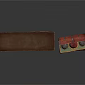 Dark Multi Layer Shelf With Yellow Items And Open Wooden Chest Containing Red Green Items