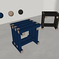 Blue And Black Geometric Stools With Striped Structure Beige Base And Colored Balls 3d model