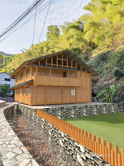 Two Story Traditional Wooden Building Surrounded by Mountain Forest Bamboo Stone Wall Grassland and Stream 3d model 