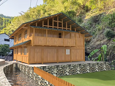 Two Story Traditional Wooden Building Surrounded by Mountain Forest Bamboo Stone Wall Grassland and Stream 3d model