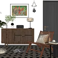 Modern Wooden Entryway Console Cabinet And Sideboard With Decorative Painting Green Plant And Wicker Chair