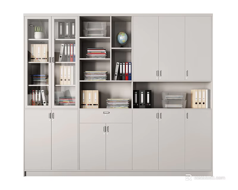 Practical Multi Compartment Bookcase With Books File Folders Globe And Storage Drawers 3d model 