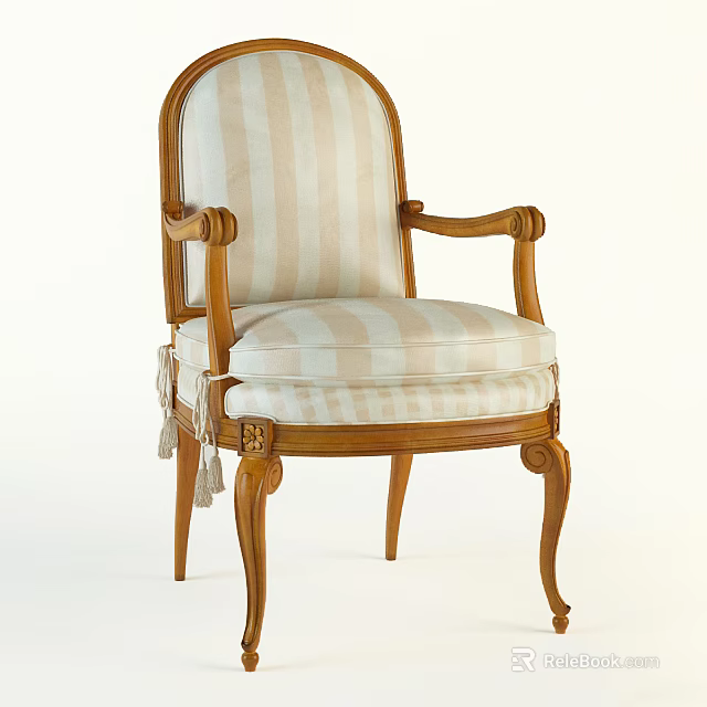 Classic Wooden Dining Chair with Ornate Armrests Curved Legs Striped Upholstery and Tassels 3d model 