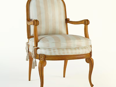 Classic Wooden Dining Chair with Ornate Armrests Curved Legs Striped Upholstery and Tassels 3d model