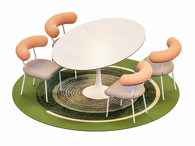 White Oval Table and Chair Set with Orange Backrests Gray Seats on Green Spiral Rug 3d model
