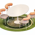 White Oval Table and Chair Set with Orange Backrests Gray Seats on Green Spiral Rug