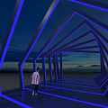 Modern Event Entrance With Blue Illuminated Geometric Structure And People Walking At Sunset