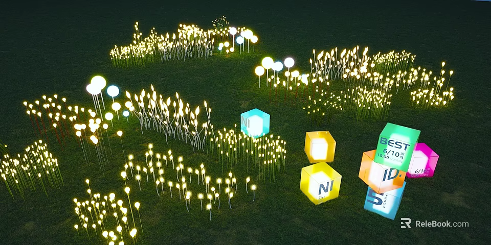 Outdoor Lights in Grass Field Featuring Round Hexagonal And Cube Shaped Illuminated Decorative Luminaires 3d model 