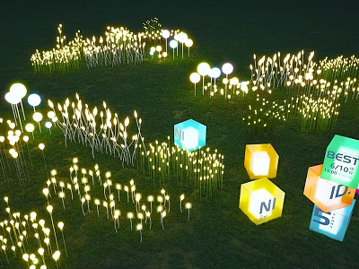 Outdoor Lights in Grass Field Featuring Round Hexagonal And Cube Shaped Illuminated Decorative Luminaires 3d model