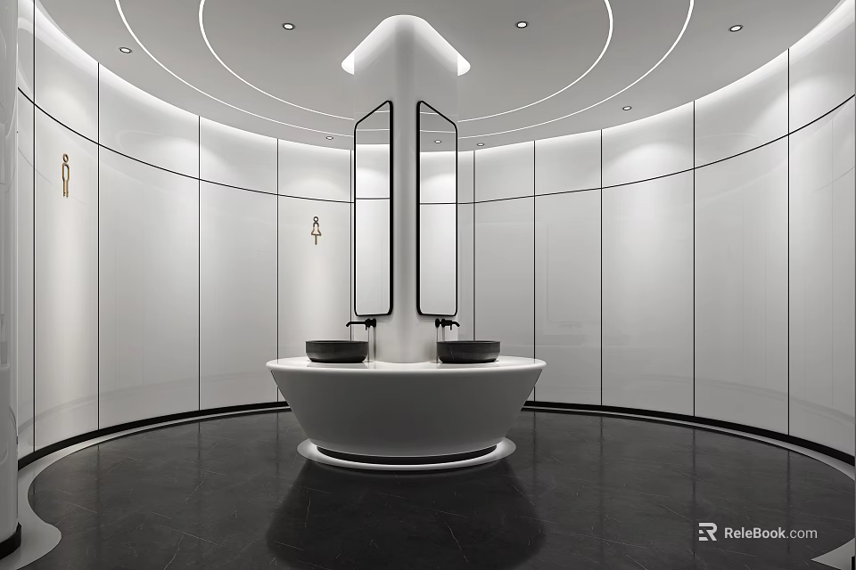 Modern Public Toilet Interior With White Walls Double Sinks And Mirrors 3d model 
