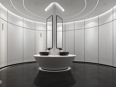 Modern Public Toilet Interior With White Walls Double Sinks And Mirrors 3d model