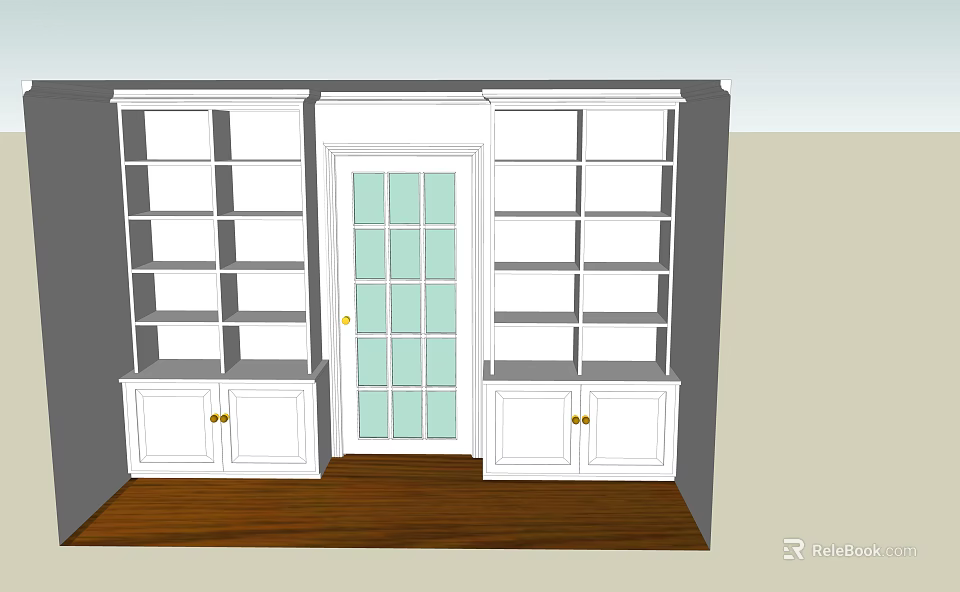 White Bookcase With Multiple Shelves And Bottom Cabinets Flanking Glass Door Interior 3d model 