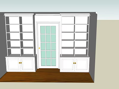 White Bookcase With Multiple Shelves And Bottom Cabinets Flanking Glass Door Interior 3d model