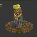 Frog Character In Red Shirt And Blue Pants Chopping Wood With Stones Grass Round Base