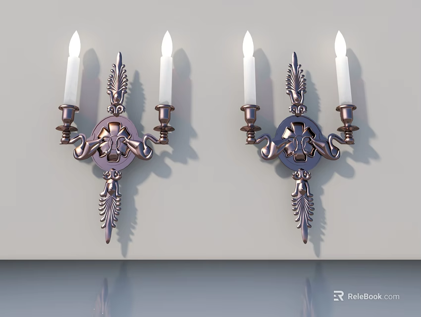 Decorative Metal Wall Sconces With Candle Shaped Lights And Ornate Design 3d model 