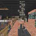 Traditional Chinese Restaurant Exterior With Brick Walls Glass Windows Signage And Wooden Cart